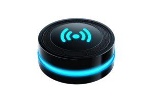 A modern, circular speaker device with glowing blue accents, designed for wireless audio connectivity. png