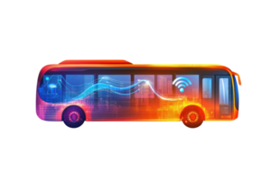 A vibrant, stylized bus featuring wireless signals and dynamic light patterns, symbolizing modern transportation technology. png