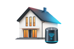 A modern house with illuminated windows alongside a smart speaker, symbolizing smart home technology and connectivity. png