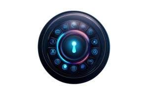 A modern, illuminated dial featuring various icons and a keyhole at its center, suggesting a locking mechanism or security feature. png