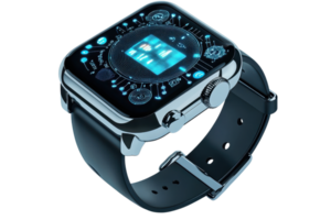 A sleek, modern smartwatch featuring a vibrant digital display and a stylish black band, designed for functionality and aesthetics. png