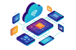 A vibrant cloud computing illustration showcasing interconnected devices and a central processor, emphasizing digital connectivity and technology. png