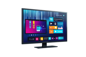 A modern TV displaying a vibrant smart interface with colorful icons and digital options for media playback and connectivity. png