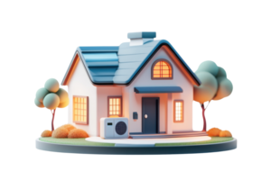 A colorful, stylized house with windows, a door, and a washing machine, surrounded by whimsical trees. png