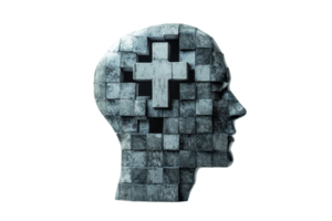 A sculptural representation of a head formed from textured blocks, featuring a cross pattern symbolizing medical or health themes. png