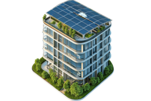 Modern building with solar panels and greenery, showcasing an eco-friendly design. png