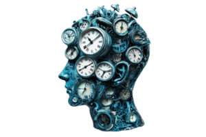 A surreal head sculpture composed of various clocks symbolizing the passage of time and mental complexity. png