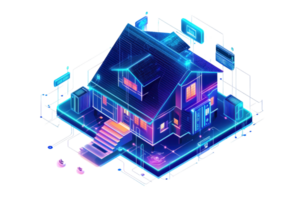 A vibrant, neon-lit house with modern design elements, showcasing a staircase and multiple windows in a futuristic style. png