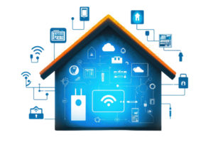 A digital representation of a house showcasing various smart home technologies and connected devices in an integrated network. png