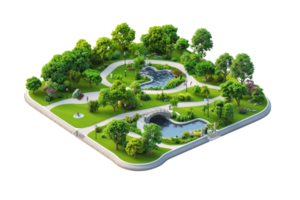 A lush park scene featuring winding paths, greenery, water bodies, and ornamental features, designed for relaxation and enjoyment. png