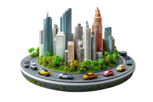 A vibrant, miniature cityscape featuring skyscrapers, greenery, and a circular roadway with colorful cars. png