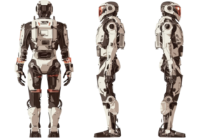 A futuristic robot model showcasing detailed design from multiple angles, highlighting its mechanical features and color scheme. png