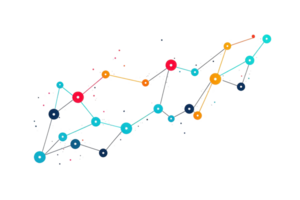 A colorful network of interconnected nodes, showcasing various sizes and colors representing data or connections. png