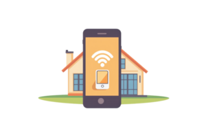 A smartphone displays a wireless signal symbol, symbolizing connectivity in a smart home environment. png