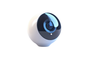 A sleek, round surveillance camera with a prominent lens and a modern design, ideal for security monitoring. png