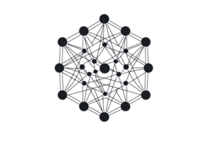 A network of interconnected nodes forming a geometric pattern, showcasing a complex structure of points and lines. png