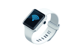 A smartwatch with a white strap displaying a wireless connectivity symbol on its screen. png