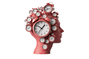 A creative sculpture of a human head adorned with various clocks, symbolizing the concept of time and its impact on human life. png