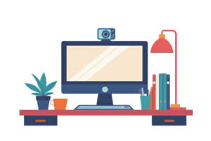 A stylish workspace featuring a computer monitor, a webcam, a desk lamp, books, and potted plants for a modern office vibe. png