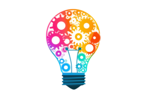 A colorful light bulb filled with various gears, symbolizing innovation and creativity. png