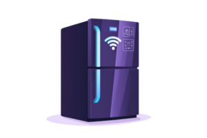 A modern, purple smart refrigerator with a digital interface, featuring a Wi-Fi symbol and sleek design elements. png