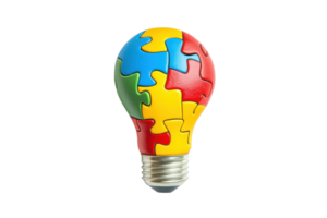 A colorful light bulb designed with puzzle pieces, symbolizing creativity and problem-solving. png