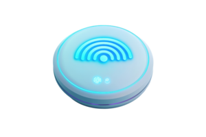 A round, illuminated device featuring a blue wave pattern, indicating connectivity or signal strength. png