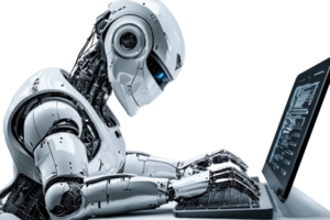 A futuristic robot works intently on a laptop, showcasing advanced technology and artificial intelligence in a sleek, modern design. png