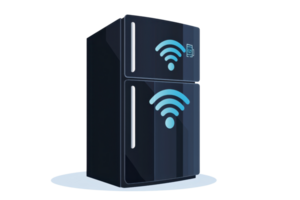 A sleek, modern refrigerator featuring Wi-Fi connectivity icons, designed for functionality and style in contemporary kitchens. png