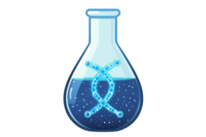 A laboratory flask filled with a glowing blue liquid and a molecular structure design. png