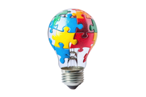 A colorful light bulb designed with puzzle pieces, symbolizing creativity and problem-solving. png
