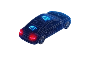 A futuristic car model featuring digital connectivity indicators and a sleek design, representing advanced technology in automotive innovation. png