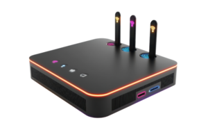 A compact, modern device featuring multiple antennas and colorful LED indicators, designed for connectivity and networking. png