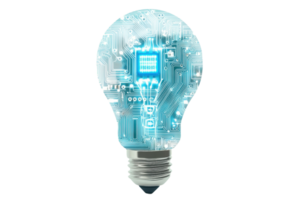 A light bulb featuring a digital circuit design, symbolizing innovation and technology. png