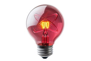 A glowing red light bulb designed with an atomic symbol inside, showcasing a unique and creative illumination concept. png
