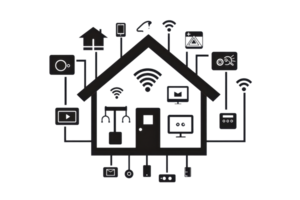 A digital house icon connected to various smart devices, representing a modern smart home system. png