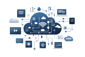 The image features a cloud icon interconnected with various devices and symbols representing data transfer, technology, and networking. png