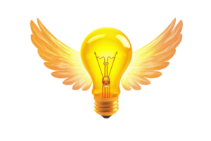 A glowing yellow light bulb with angelic wings symbolizes creativity and inspiration. png