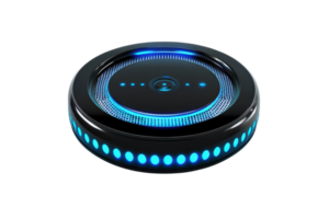 A sleek, circular device with glowing blue lights encircling its edge, featuring a textured surface in the center. png