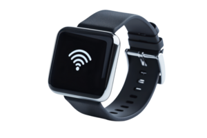 A sleek smartwatch displaying a wireless connectivity icon on its touch screen. png