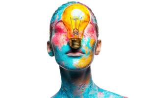 A painted face with vibrant colors and a light bulb positioned at the forehead. png