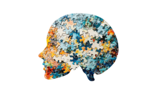 A colorful puzzle forming the silhouette of a human head, symbolizing complexity and diversity in thought and identity. png