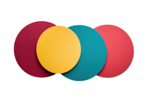 Three colorful circular shapes in vibrant hues of yellow, teal, red, and burgundy arranged in a visually striking composition. png