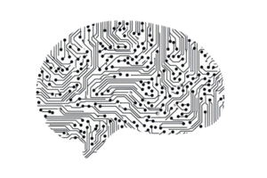 A stylized brain design filled with a circuit pattern, symbolizing technology, intelligence, and connectivity. png