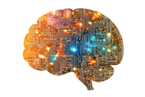 A glowing brain design featuring intricate circuits illuminated by colorful lights. png