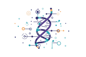 A colorful DNA double helix entwined with digital elements and abstract shapes, symbolizing the intersection of biology and technology. png