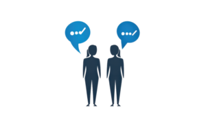 Two figures are engaged in conversation, each with a speech bubble containing ellipses and checkmarks. png