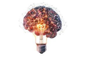 A glowing light bulb shaped like a brain, symbolizing ideas, creativity, and innovation with intricate network connections. png