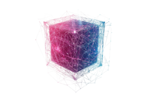 A vibrant, geometric shape with interconnected lines, featuring a gradient of purple and blue colors, resembling a digital cube. png