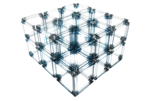 A 3D geometric structure consisting of interconnected lines and nodes, creating a cubic lattice formation. png